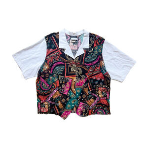 Vtg 80s Womens Collared Top Multicolor Abstract Artsy Funky Groovy Maximalist